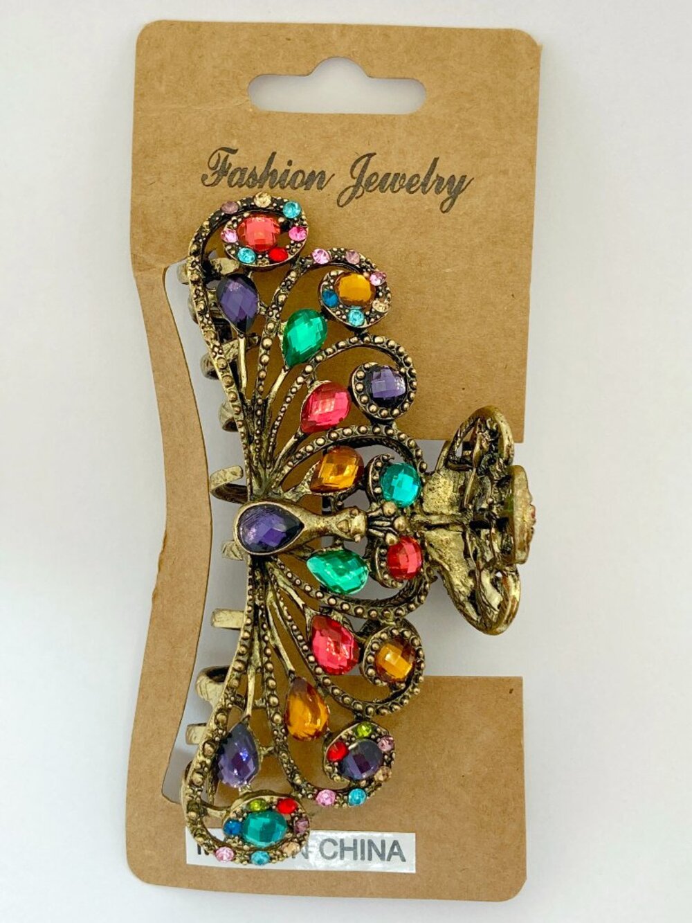 Peacock Retro Metal Hair Claw Clip Ornate Filigree Studded Color Faux Gemstones